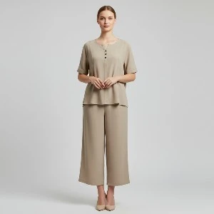 Beige Relaxed Fit Solid Top and Trousers