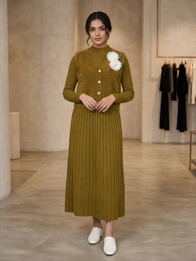 Women Olive Green Ribbed Knit Floral Applique Midi Co-ord Set