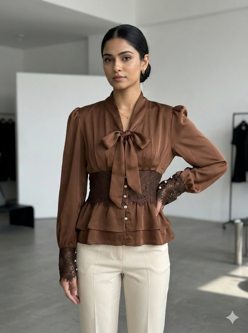 Women Brown Satin Finish Tie-Up Neck Peplum Top