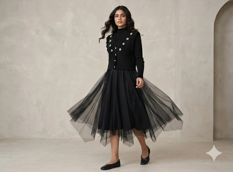Daisy Applique Cable-Knit Cardigan & Handkerchief Tiered Tulle Midi Skirt Two-Piece Set