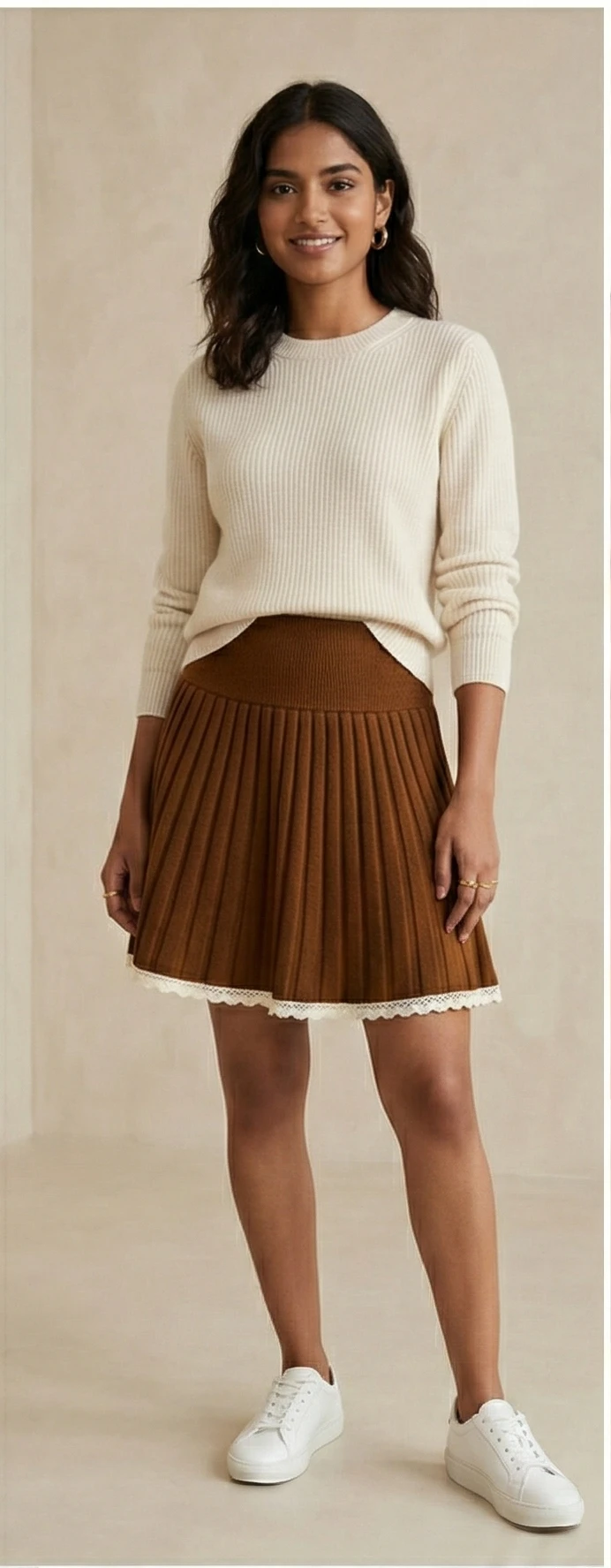 Brown Ribbed Flared Mini Skirt