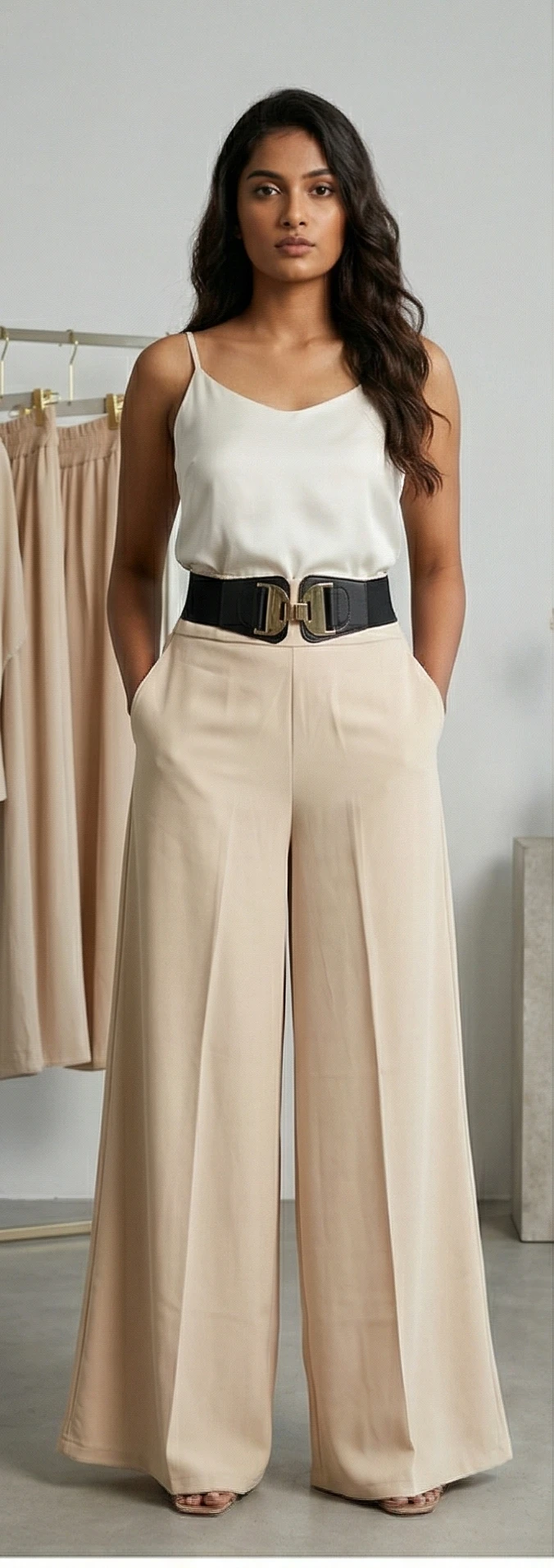 Cream Flowy Palazzo Pants with Gold-Buckle Belt