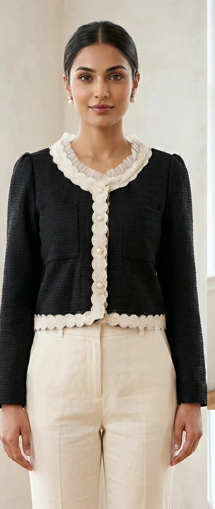 Black Woven Tweed top with Ruffle Collar & Pearl Buttons