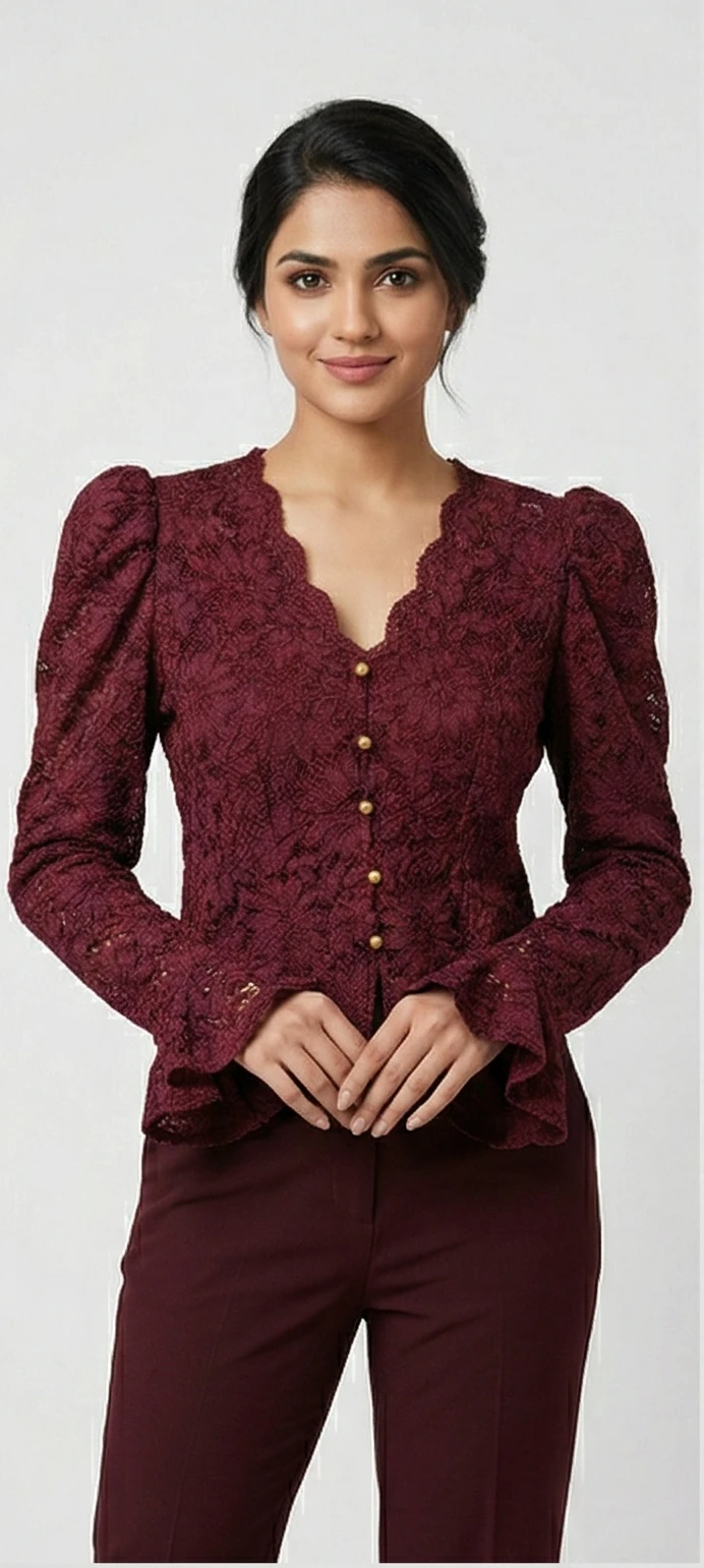 Wine Red Scalloped Lace Peplum Top with Puffed Shoulders and Bell Sleeves