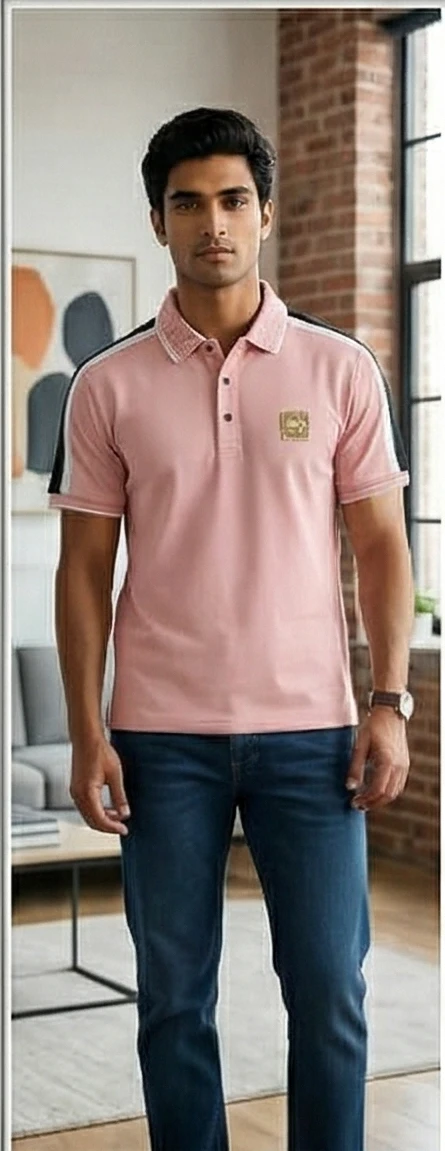 Men's Dusty Pink Slim-Fit Polo Shirt with Contrast Racing Stripes and Textured Collar