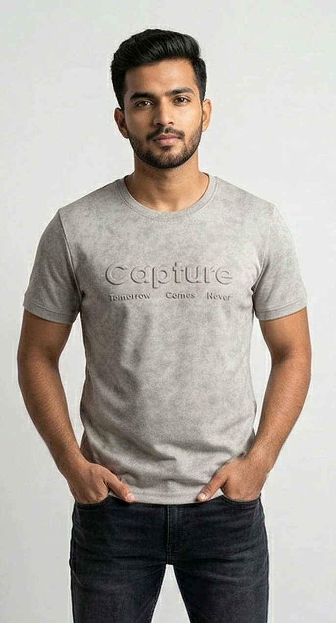 CAPTURE Men Grey Suede-Finish Embossed Typography T-shirt