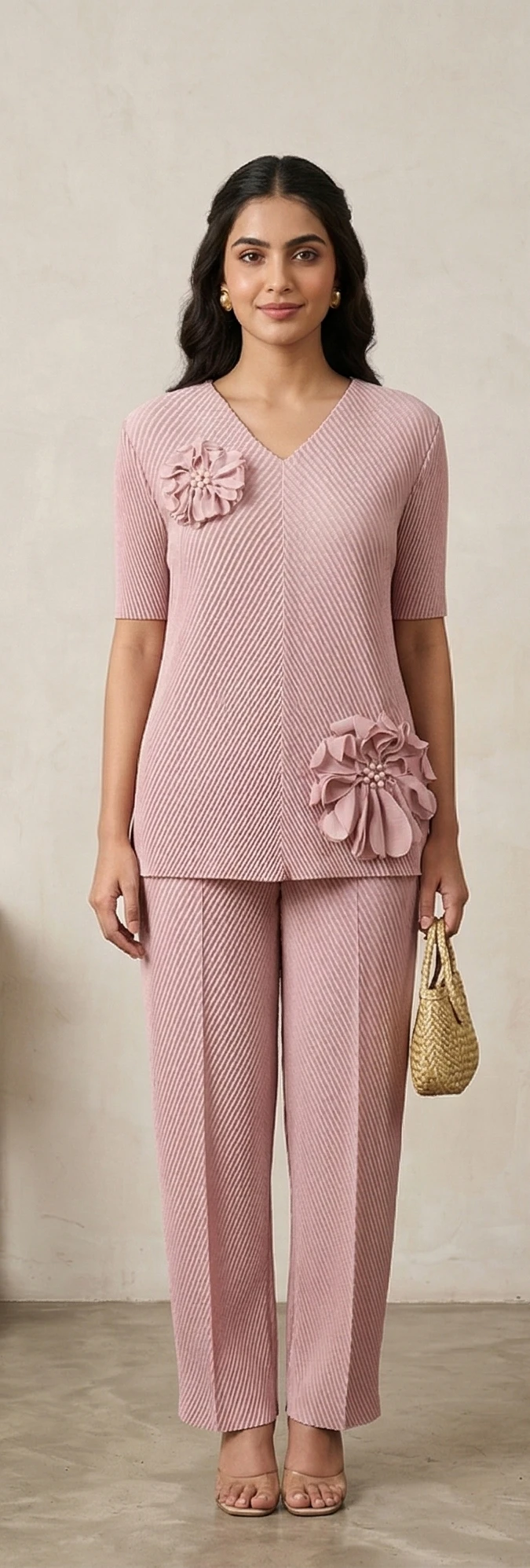 Women's pastel lavender  Pleated Co-ord Set – V-Neck Tunic with Floral Appliqué and Matching Trousers
