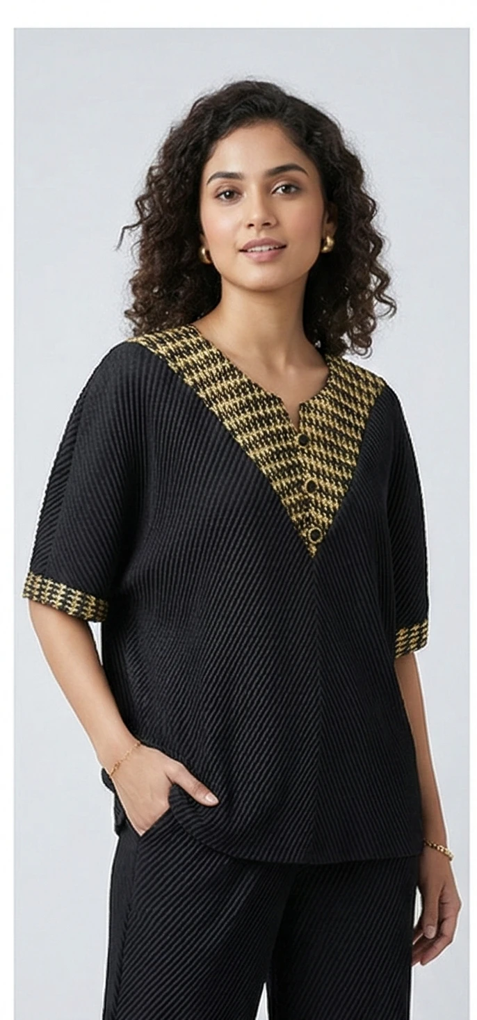 Women's Black Pleated Set – V-Neck Short Sleeve Tunic with Gold Trim & Matching Wide Leg Trousers