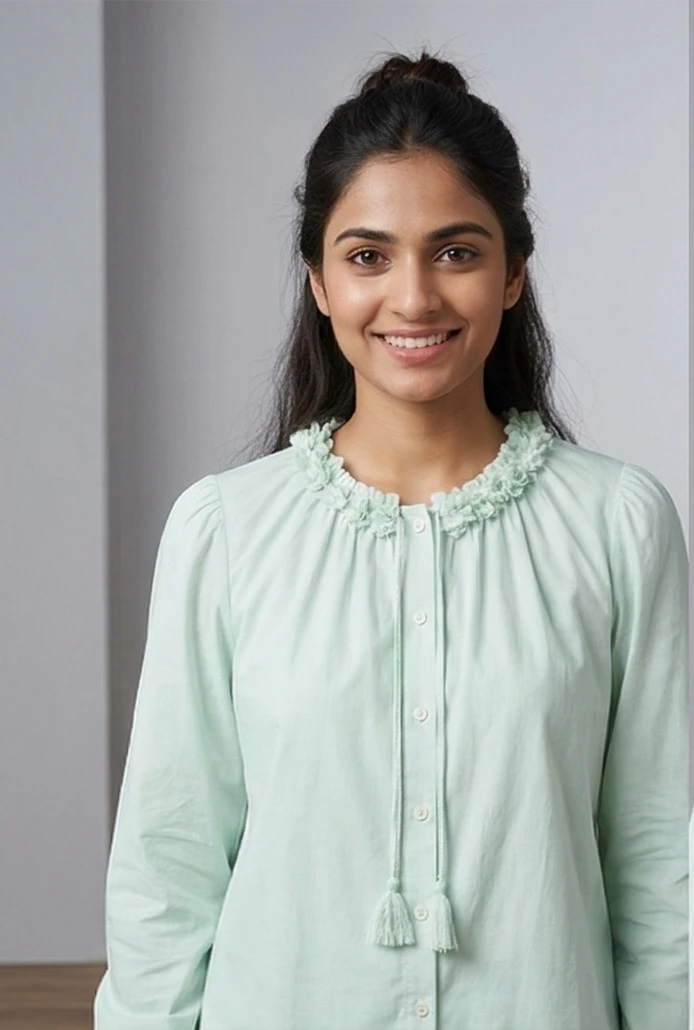 Women’s Mint Green Cotton top with Floral Appliqué Ruffle Neck and Tassel Ties