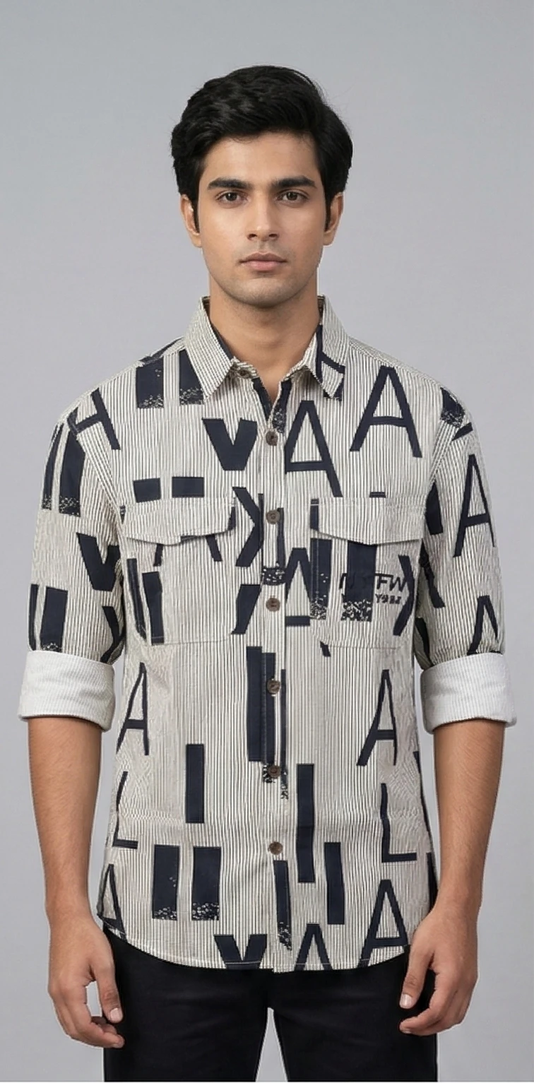 Alphabet Print Pinstripe Utility Shirt with Dual Pockets