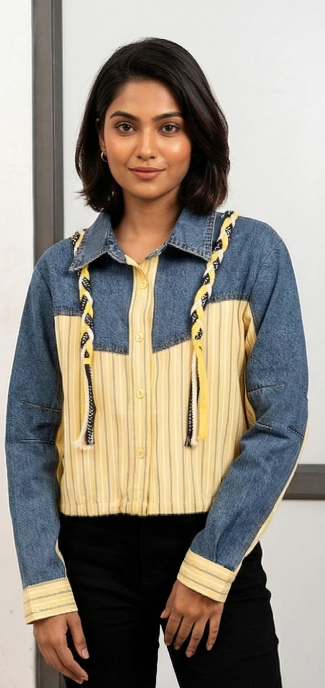 Yellow Stripe & Denim Patchwork Cropped Shirt-Jacket