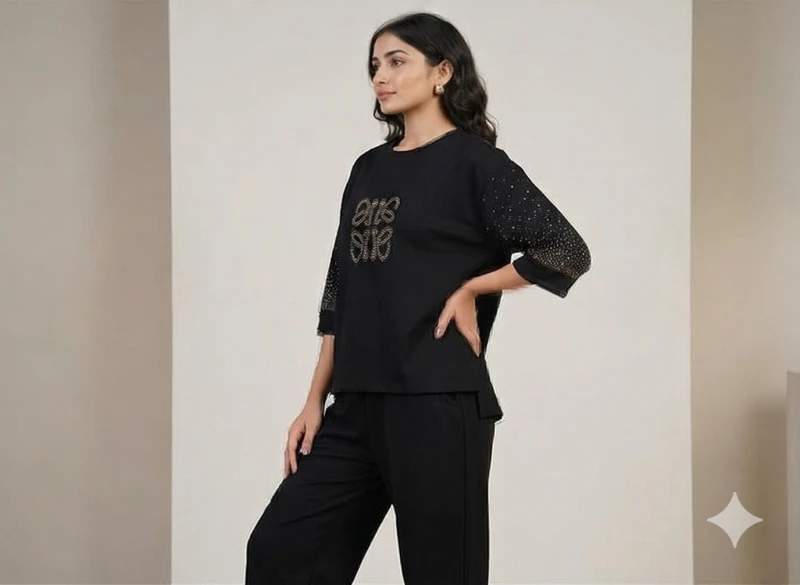 The Midnight Sparkle Co-ord Set: Embellished Quarter-Sleeve Top & Relaxed Fit Pants