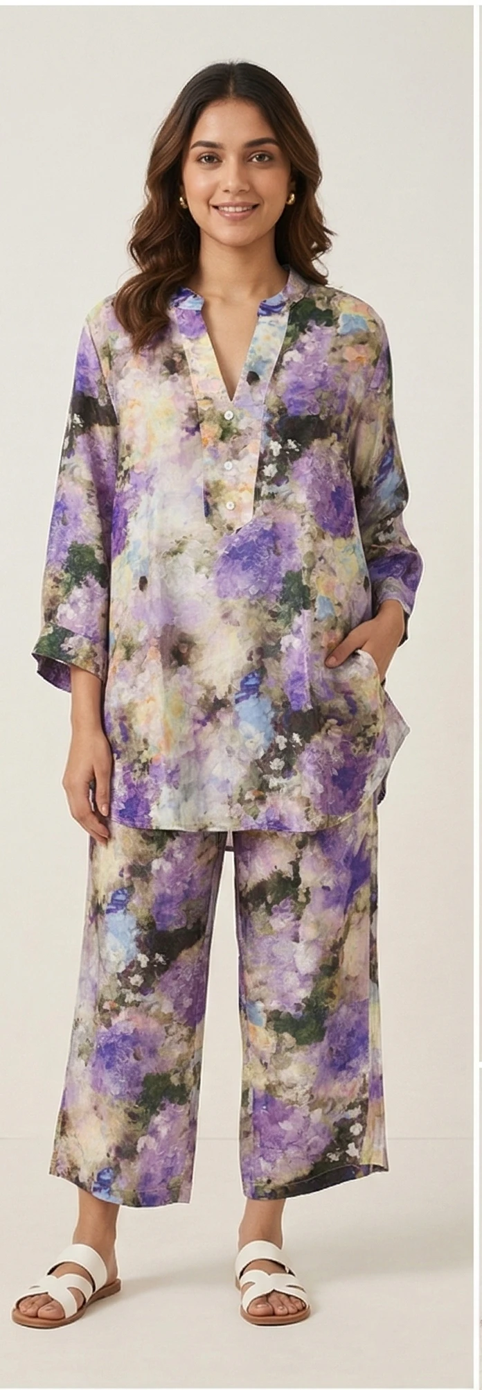 Women's Floral Abstract Print V-Neck Longline Kurti Tunic with Matching Straight Leg Trousers - Purple & Multi