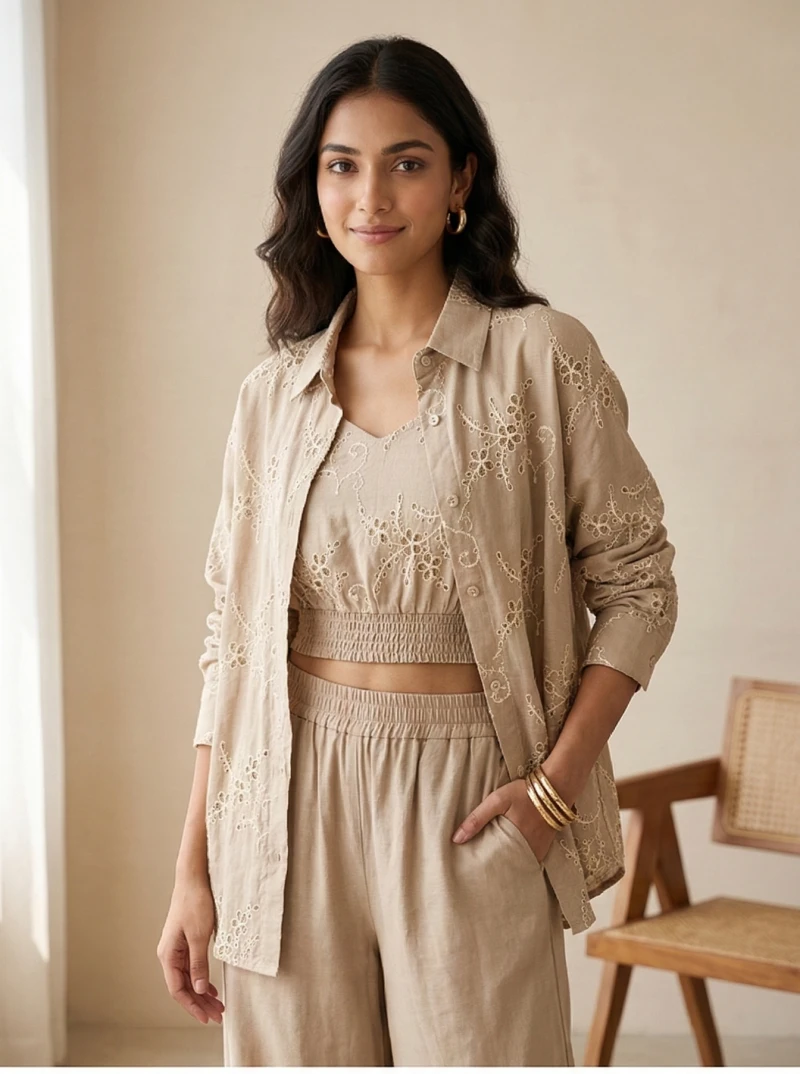 3-Piece Beige Linen-Blend Embroidered Co-ord Set with Crop Top, Shirt, and Trousers