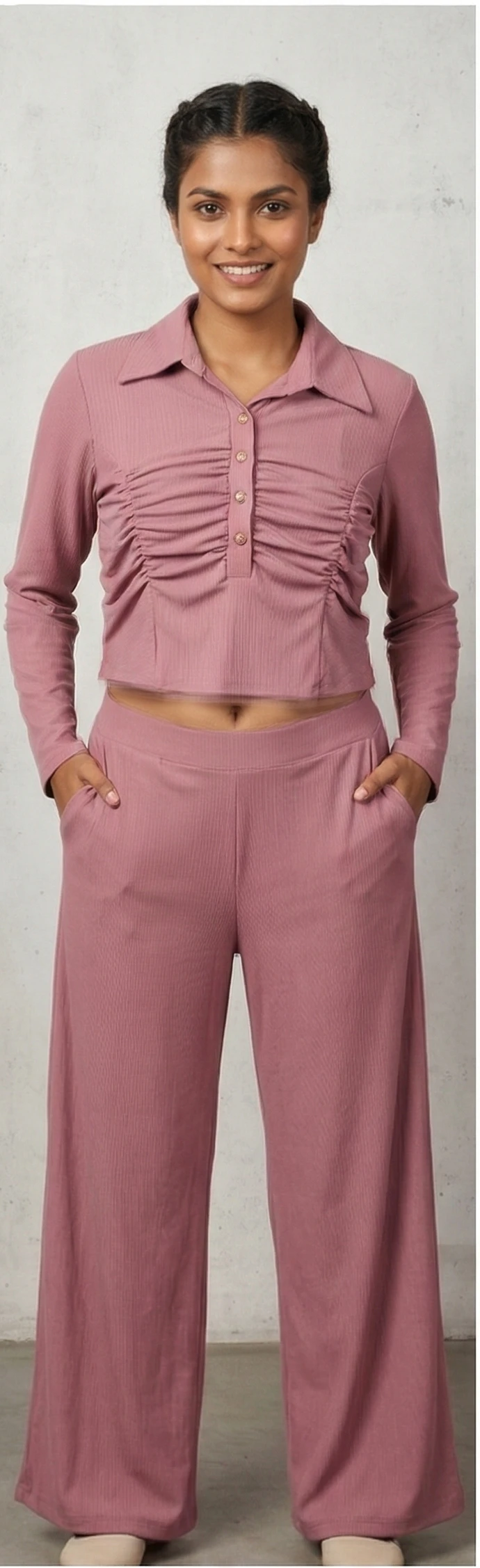 Dusty Rose Rib-Knit Two-Piece Set: Ruched Front Button-Down & High-Waist Flares