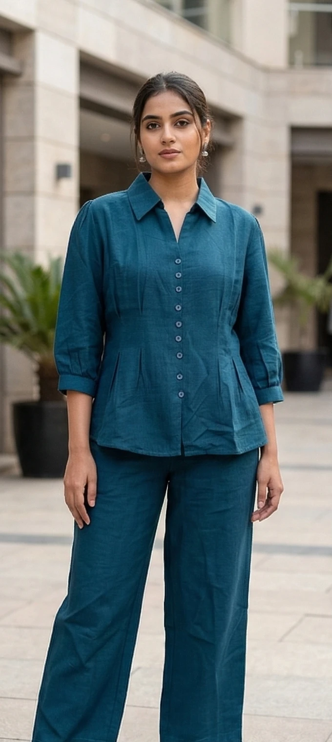 Women’s Teal Blue Linen-Cotton Co-ord Set – Pleated Peplum Shirt & Wide-Leg Trousers