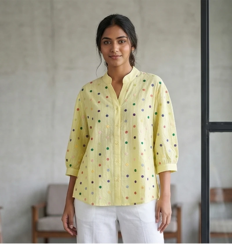 Women's Short-Sleeve Cotton Shirt with Palm Tree Appliqué