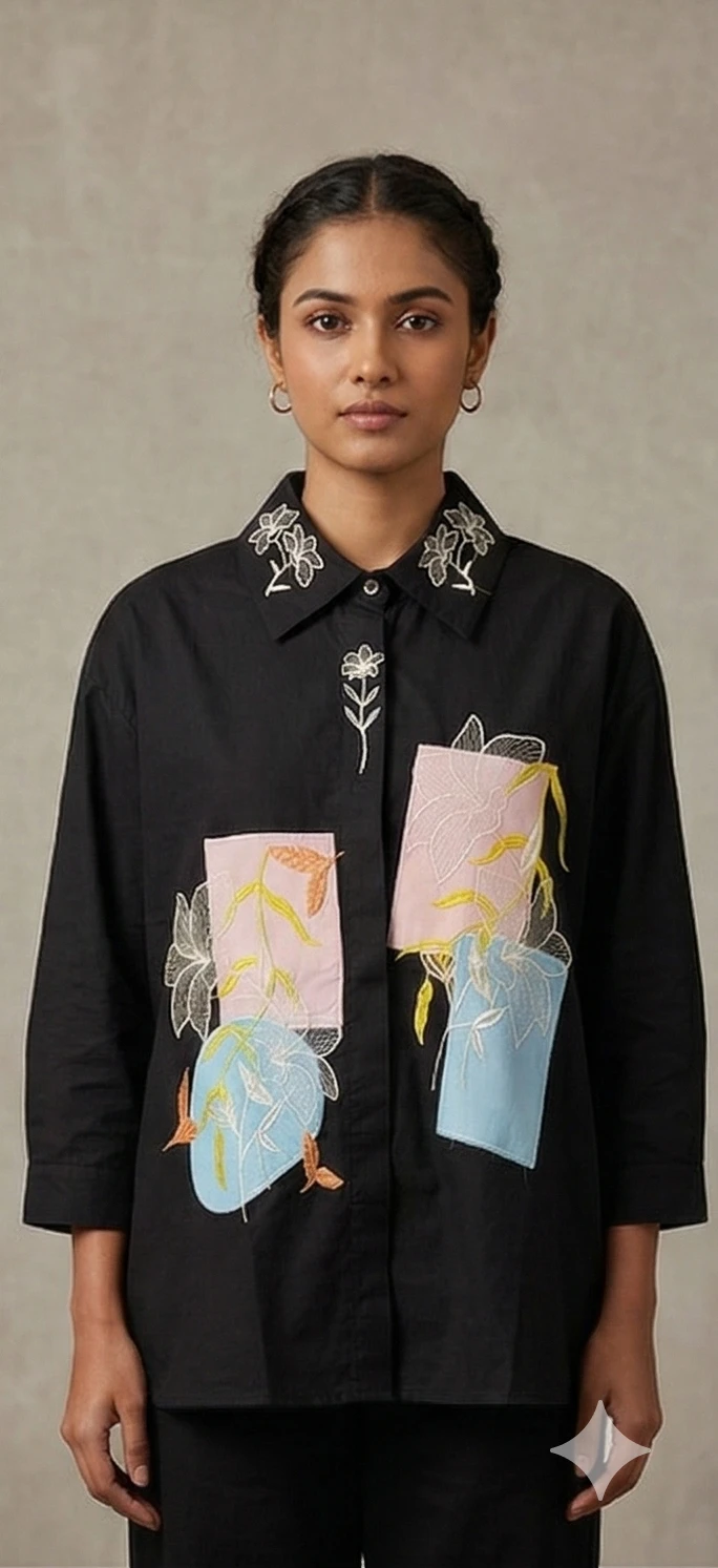 Artisanal Embroidered Collar Shirt – Mixed Media Patchwork Edition