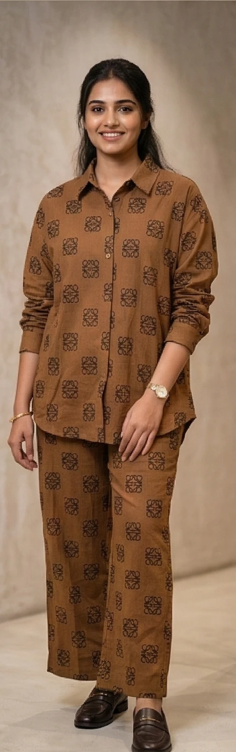 Women’s Tan Monogram Print Co-ord Set - Oversized Button-Down Shirt & Wide-Leg Trousers