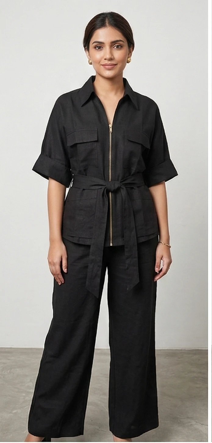 Urban Zip-Up Cargo Co-ord – Structured Short Sleeve Jacket with Matching Palazzo Pants