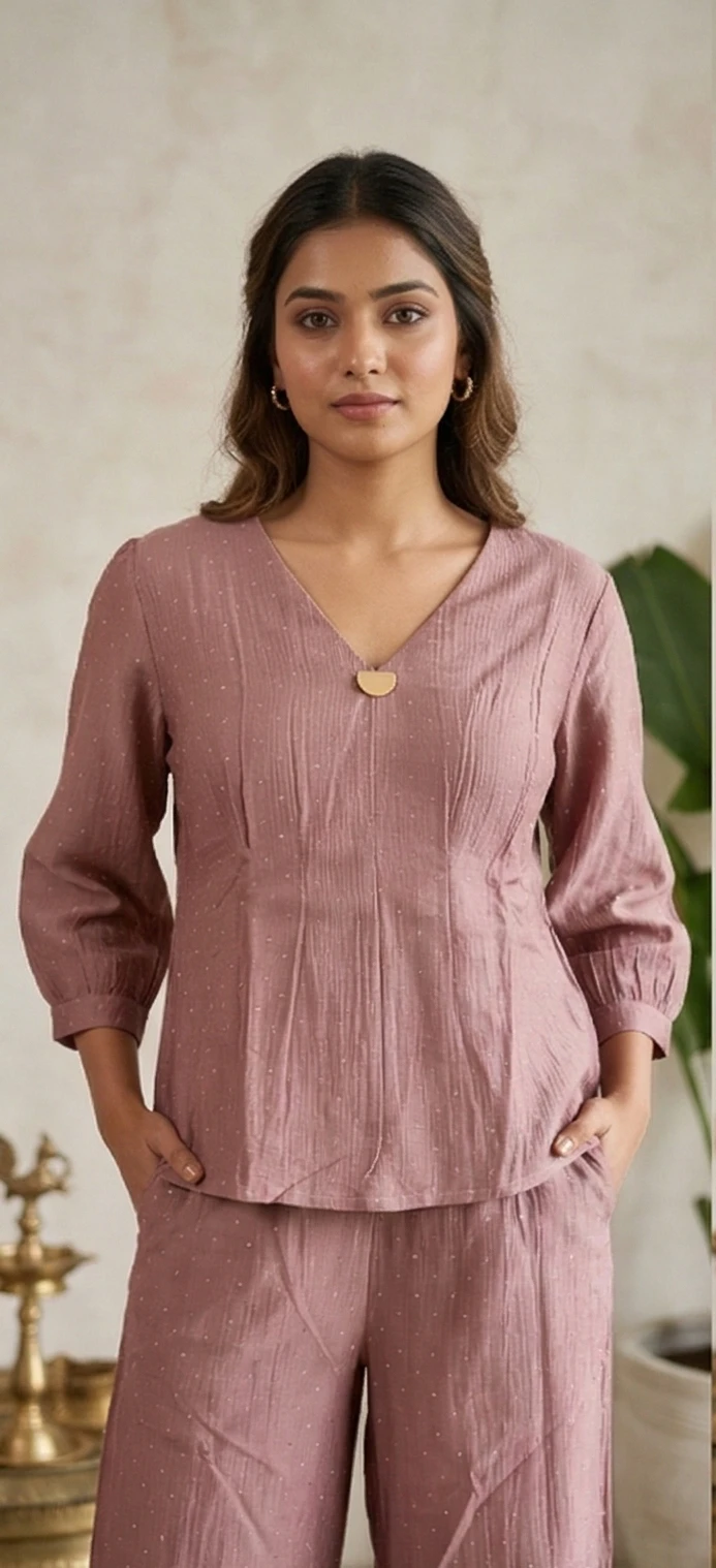 Dusty Rose Shimmer Crepe Co-ord Set with Gold Hardware Detail