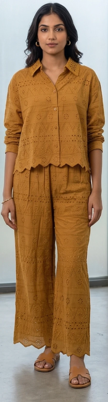 Mustard Yellow Cotton Eyelet Co-ord Set with Scalloped Hem