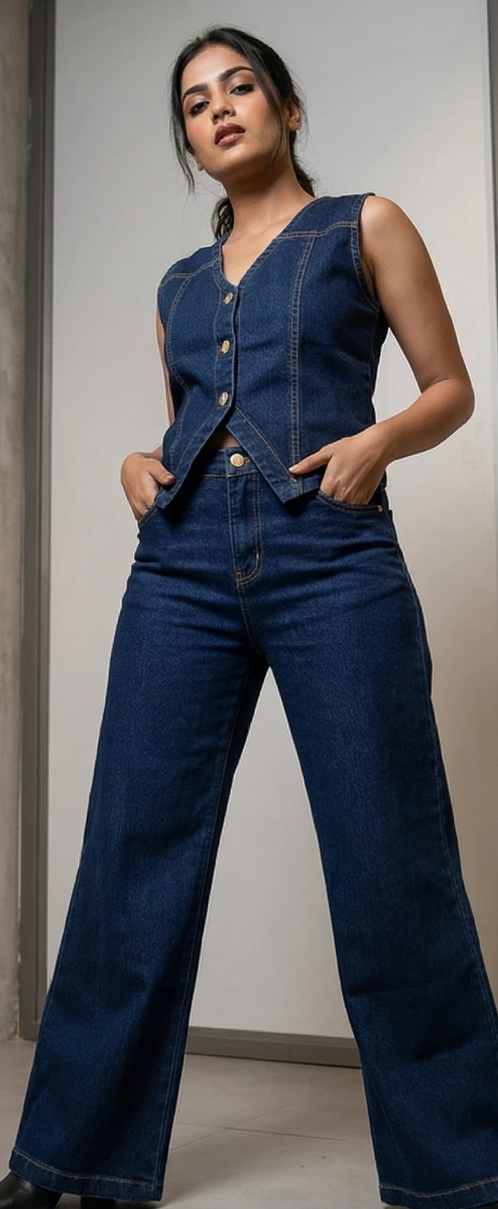 The Retro Denim Duo: Tailored Waistcoat and Flare Jean Set