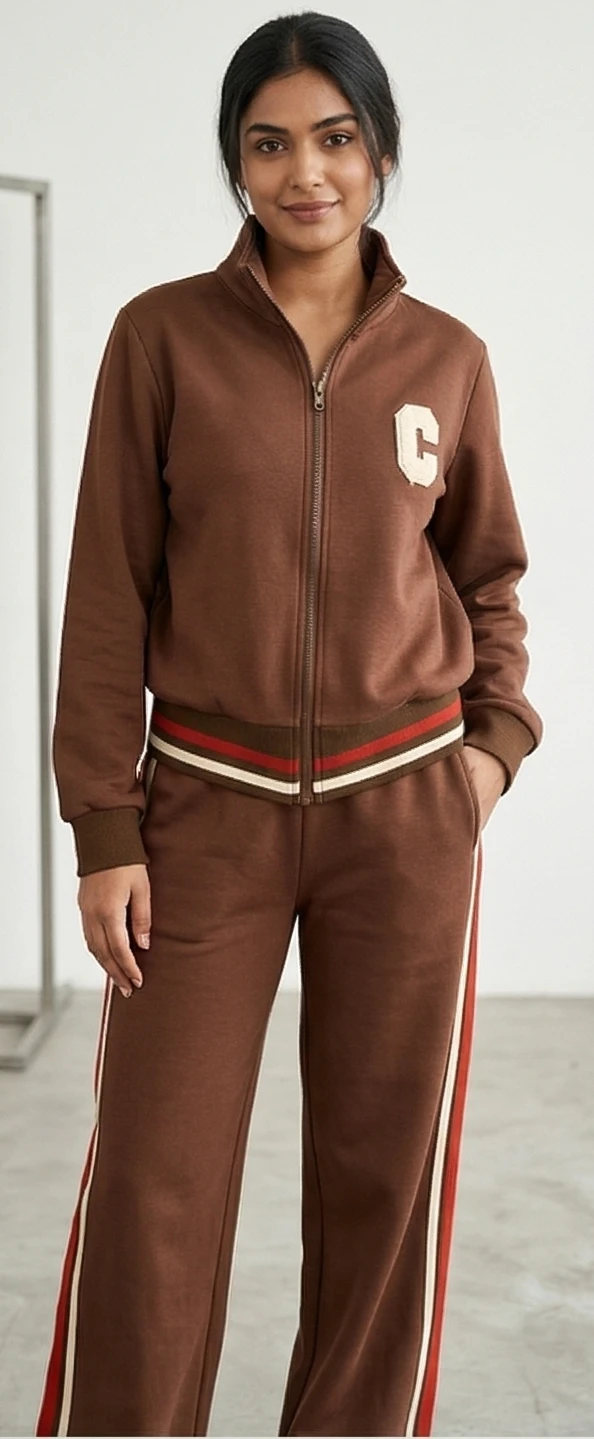 Women Brown Varsity Print Sporty Co-ord Set