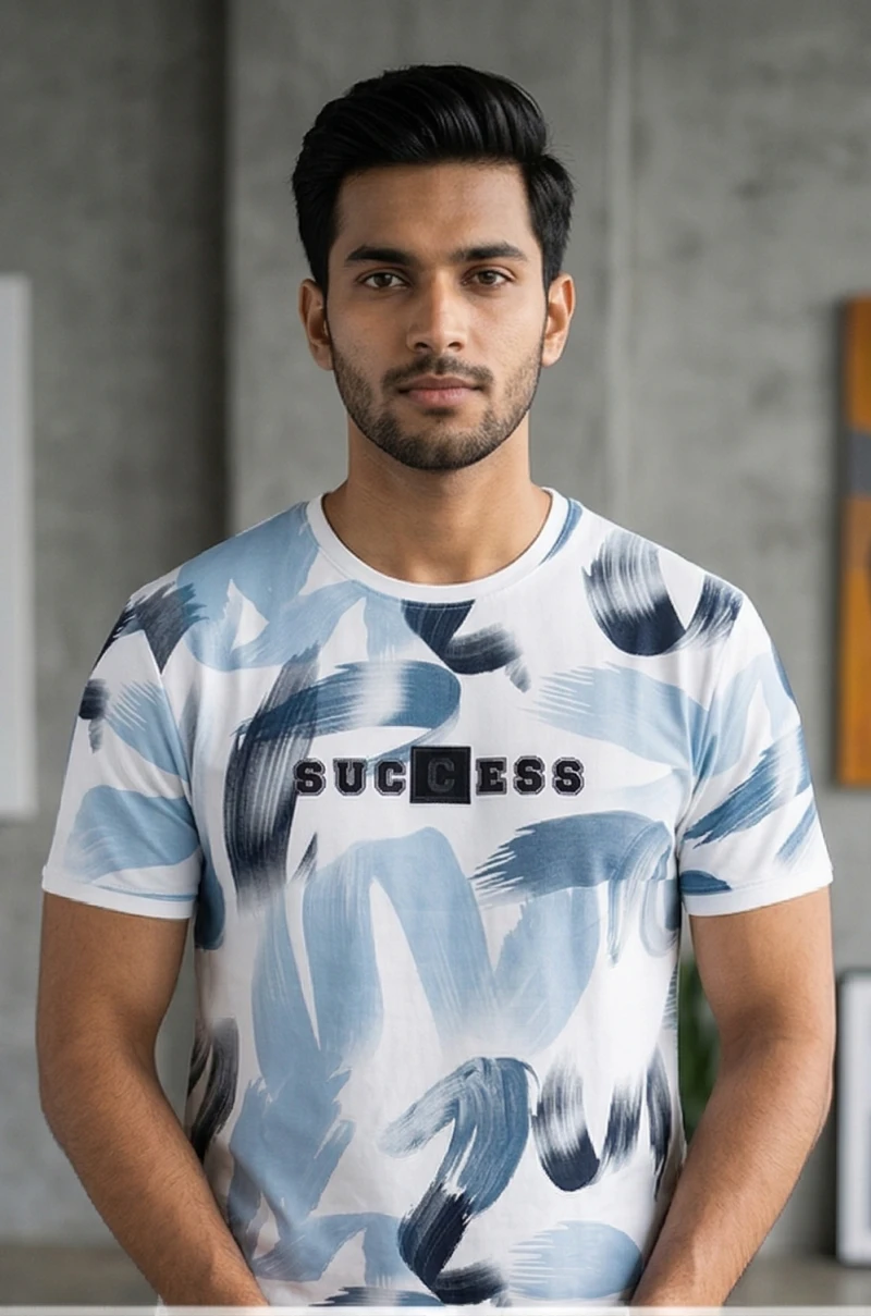 Men's White T-Shirt with Blue Abstract Brushstroke Print – "SUCCESS" Graphic Tee