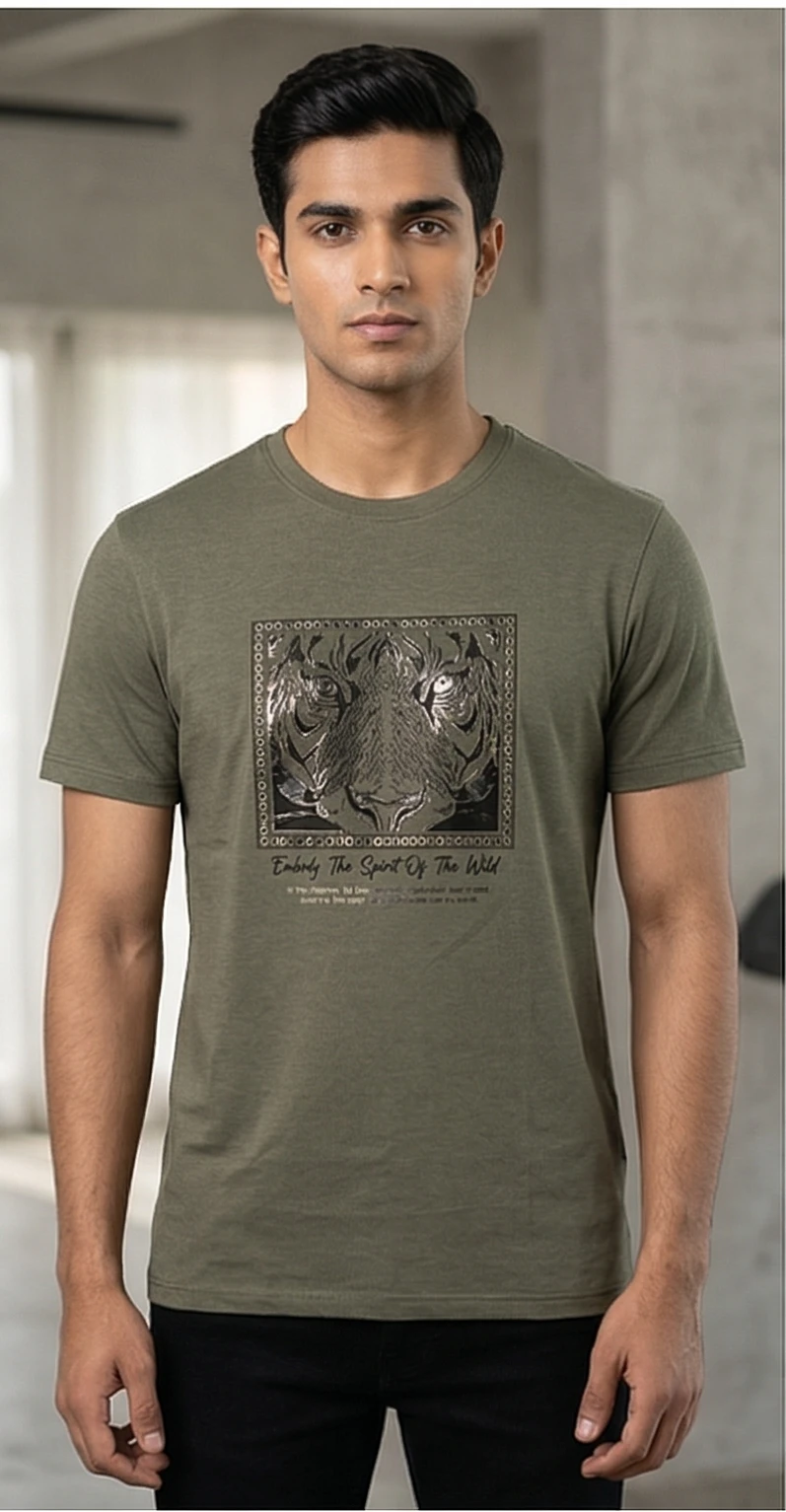 Roadster Men Olive Green Tiger Printed Crew Neck T-shirt