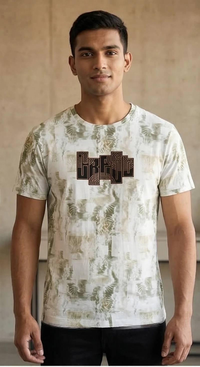 StyleCast Men Cream & Olive Green Abstract Textured Printed T-shirt