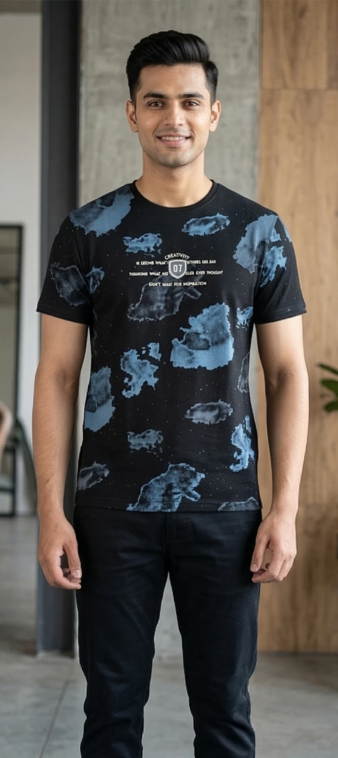 Men Black & Blue Abstract Printed Pure Cotton T-shirt