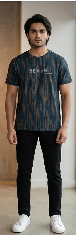 Men Teal Blue & Brown Abstract Printed Pure Cotton T-shirt