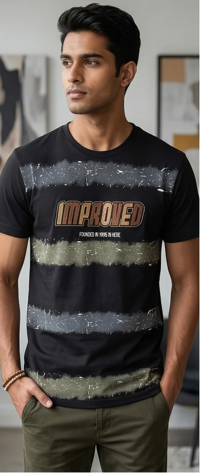 Urban Edge "IMPROVED" Distressed Graphic Tee – Black & Olive Contrast