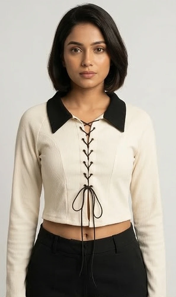 Long Sleeve Tie-Front Ribbed Crop Top - Cream & Black
