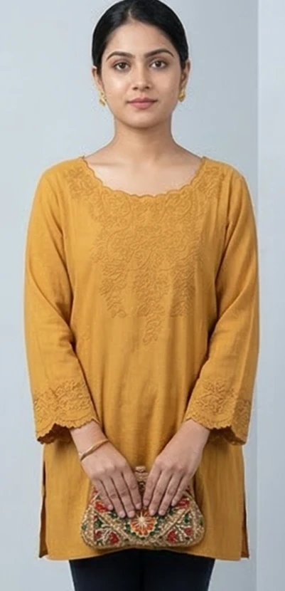 Mustard Yellow Embroidered Women's Tunic