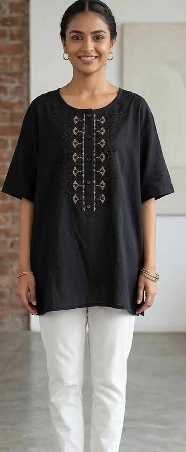 Black Embroidered Short-Sleeve Women's Top
