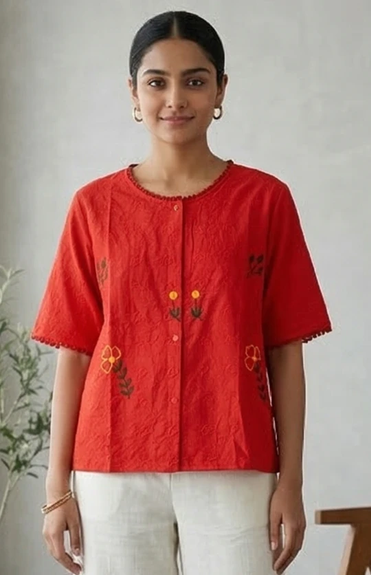 Vibrant Red Embroidered Cotton top - Casual Summer Wear