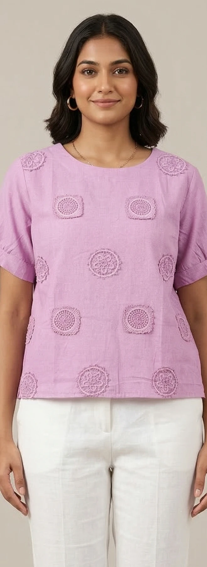 Women Lavender Embroidered Pure Cotton A-Line Top