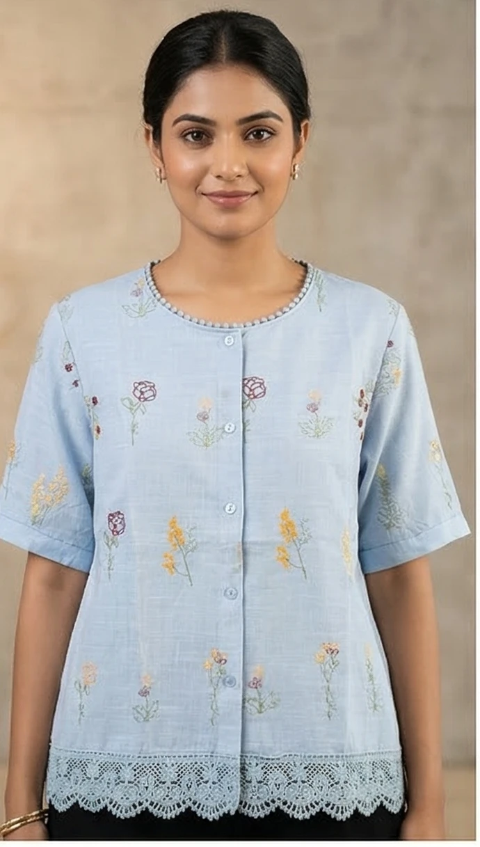 Women’s sky  Blue Floral Embroidered Linen Top with Scalloped Lace Hem