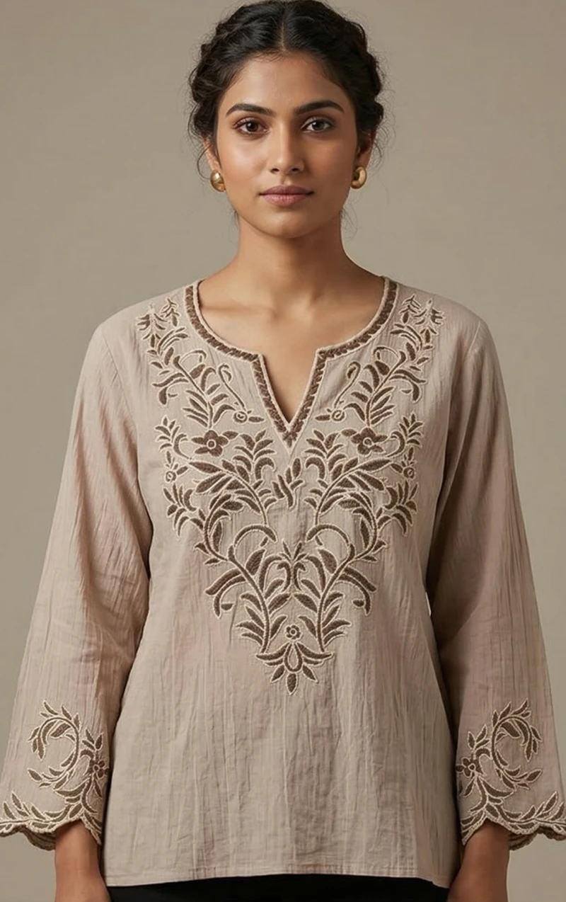 Taupe Embroidered A-Line Tunic with Scalloped Sleeves