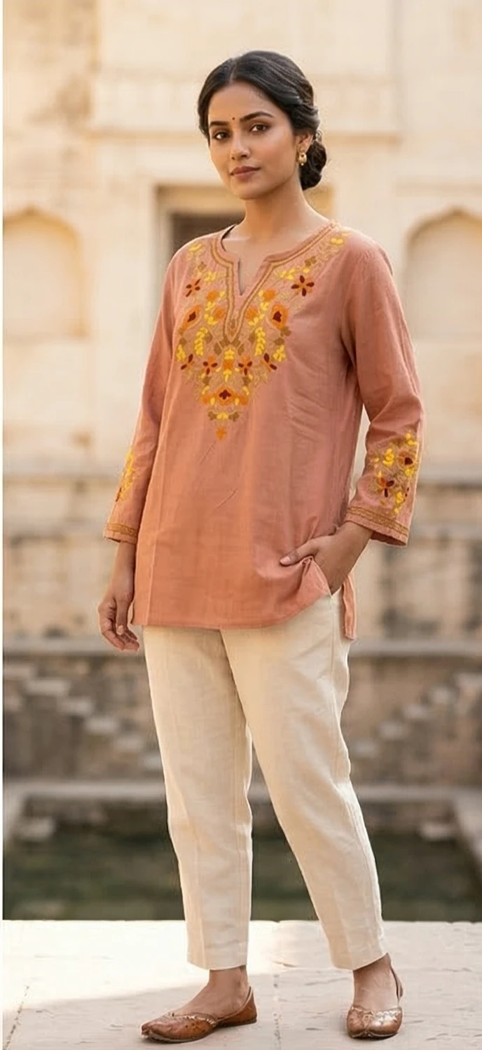 Embroidered V-Neck Cotton Tunic with Floral Motif