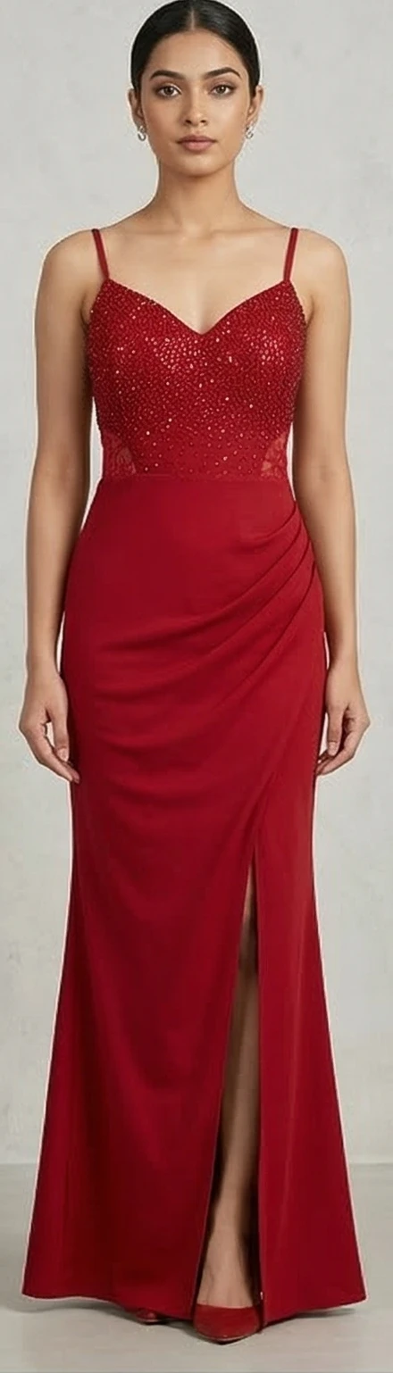 Women's Deep Red Embellished Sweetheart Neck Gown with Lace Waist and Thigh-High Slit