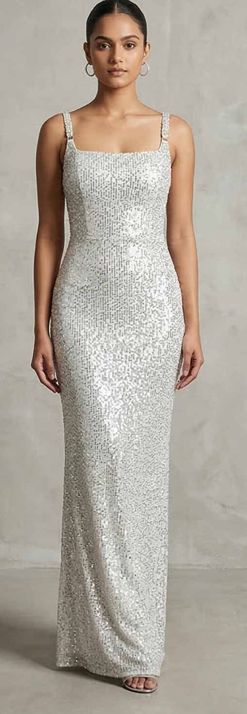 Shimmering Silver Sequin Column Gown with Sleek Straps & V-Back Detail