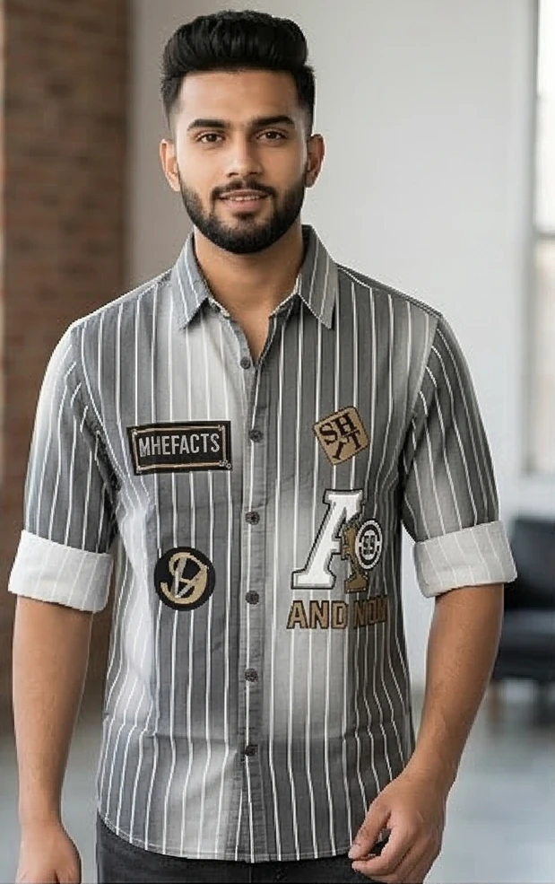 Men's Urban Patched Stripe Shirt – Grey Ombré Streetwear Edition