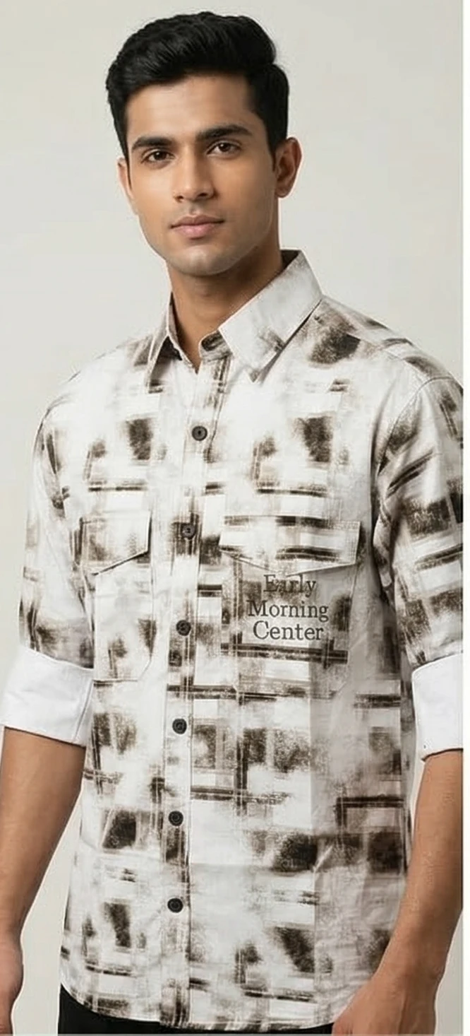Men's Abstract Grayscale Plaid Button-Down Shirt – "Early Morning Center" Graphic Workshirt