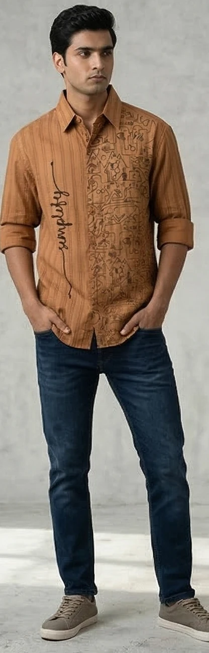 Men’s Rust Brown Cotton Shirt with Vertical Stripes and Hand-Drawn Abstract Print