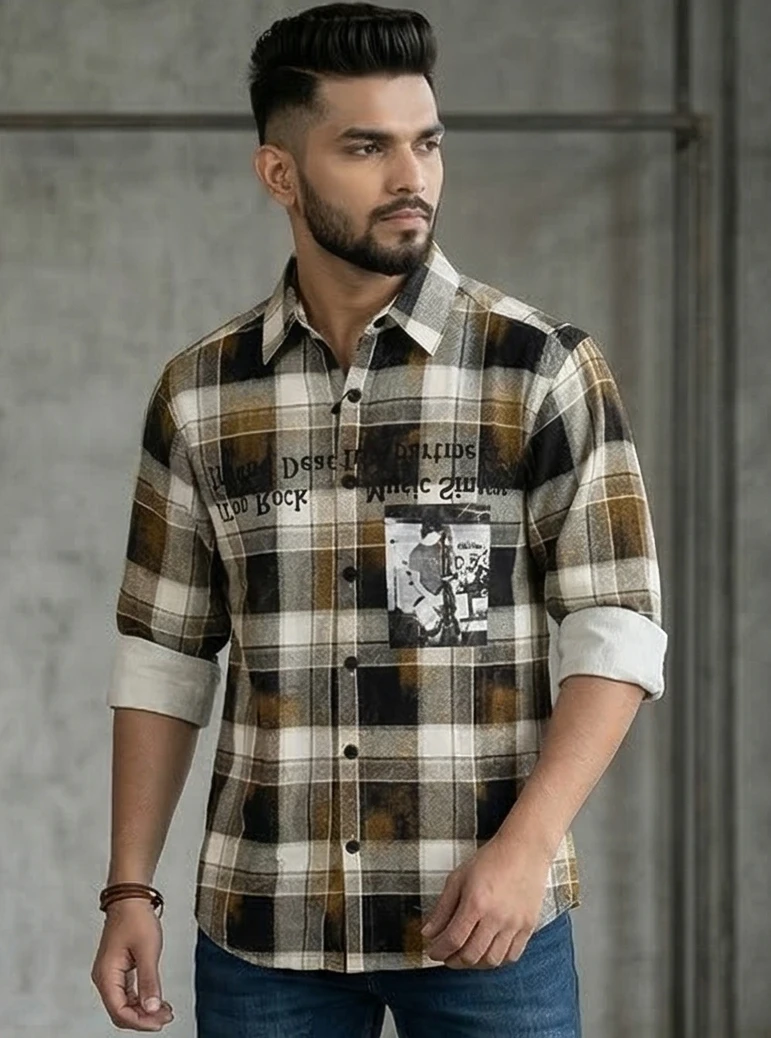 Men Brown & Black Checked Boxy Fit Casual Shirt with Graphic Print