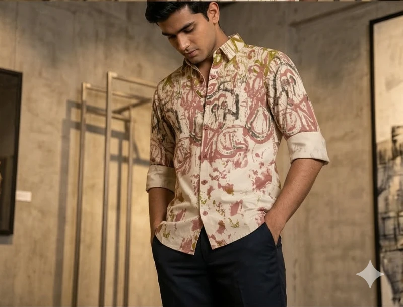 Men's Beige & Rust Abstract Graphic Print Shirt