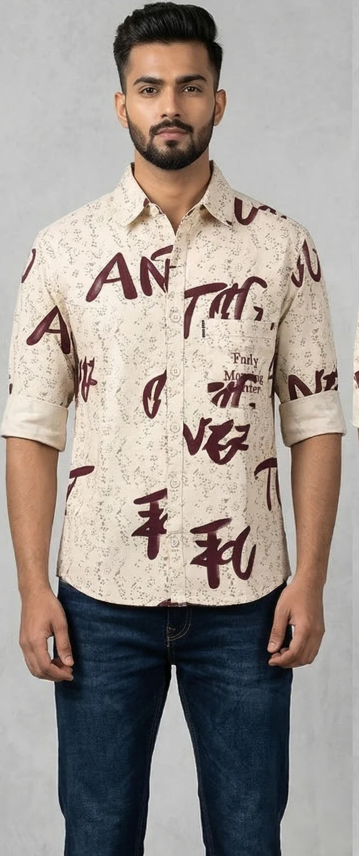 Men’s Cream Script Print Shirt with Deep Maroon Typography